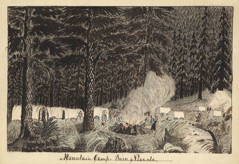 Escena de campamento en la montaña en Sierra Nevada de Daniel A. Jenks, pintura al óleo