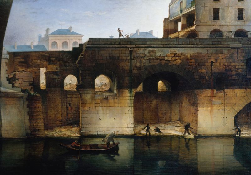 Démolition de l’ancien Hôtel-Dieu de Jean-Charles Geslin, pintura al óleo que representa la demolición urbana.