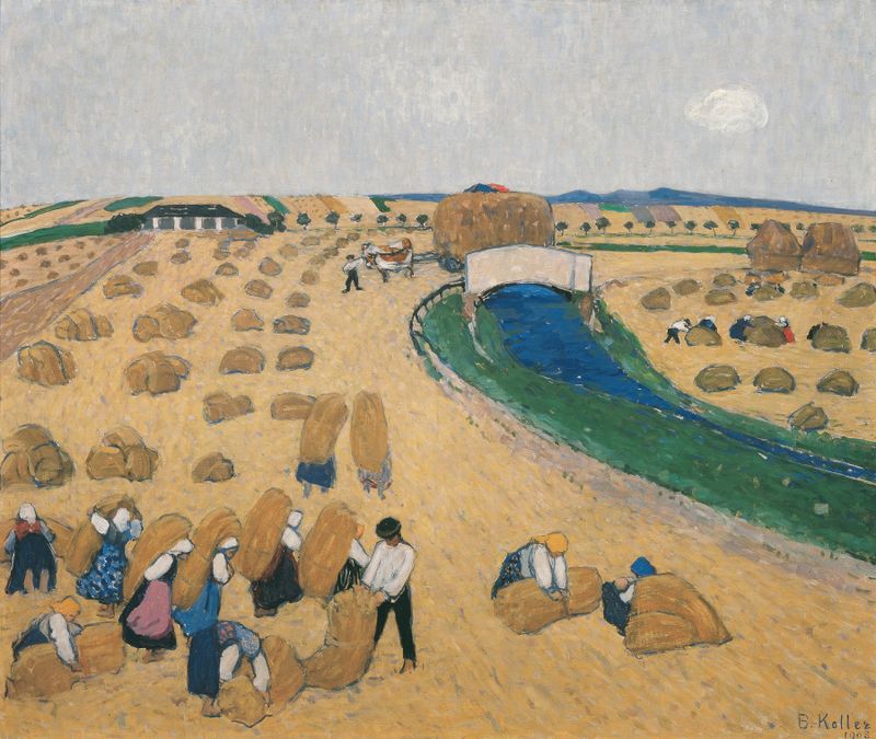 Genre scene depicting harvest with figures, oil painting by Broncia Koller-Pinell