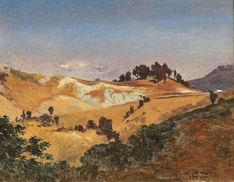 Landscape by Ludwig Hans Fischer, oil painting featuring rolling hills and golden light.