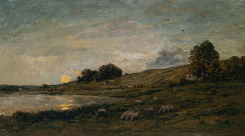 Troupeau de moutons au bord de la rivière, óleo sobre tela de Charles François Daubigny, representando ovelhas perto de um...