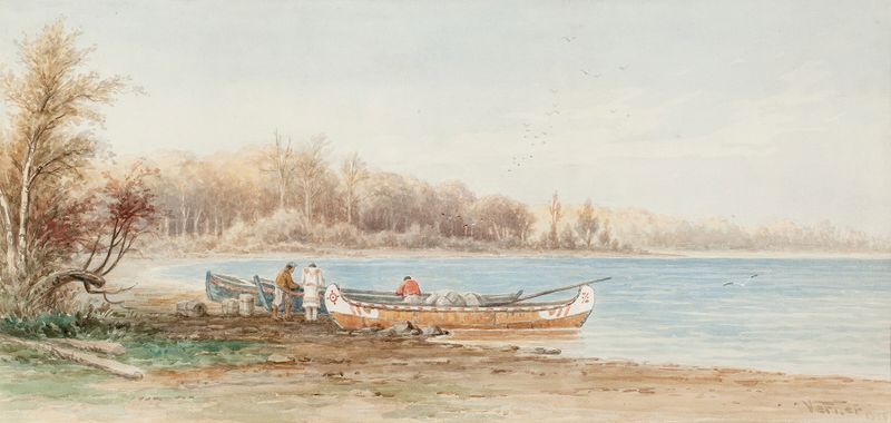 Canoes y trappers en un paisaje tranquilo, óleo sobre lienzo de Frederick Arthur Verner