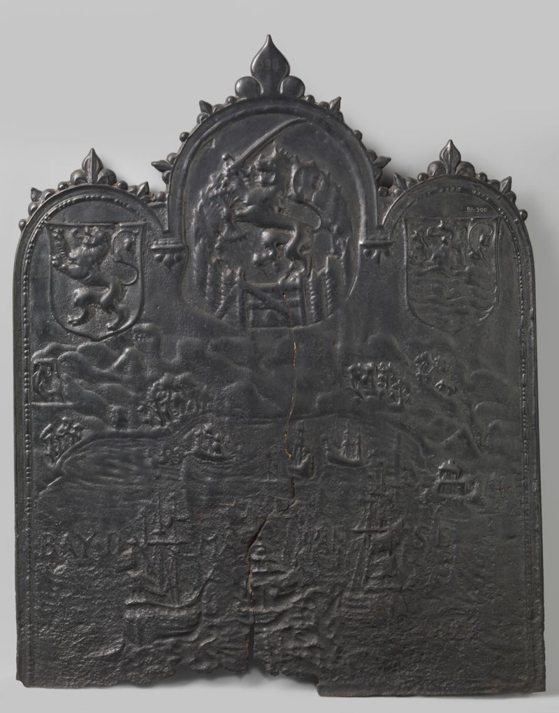 Gravura de Unknown Artist mostrando uma cena histórica de conquista com elementos dourados