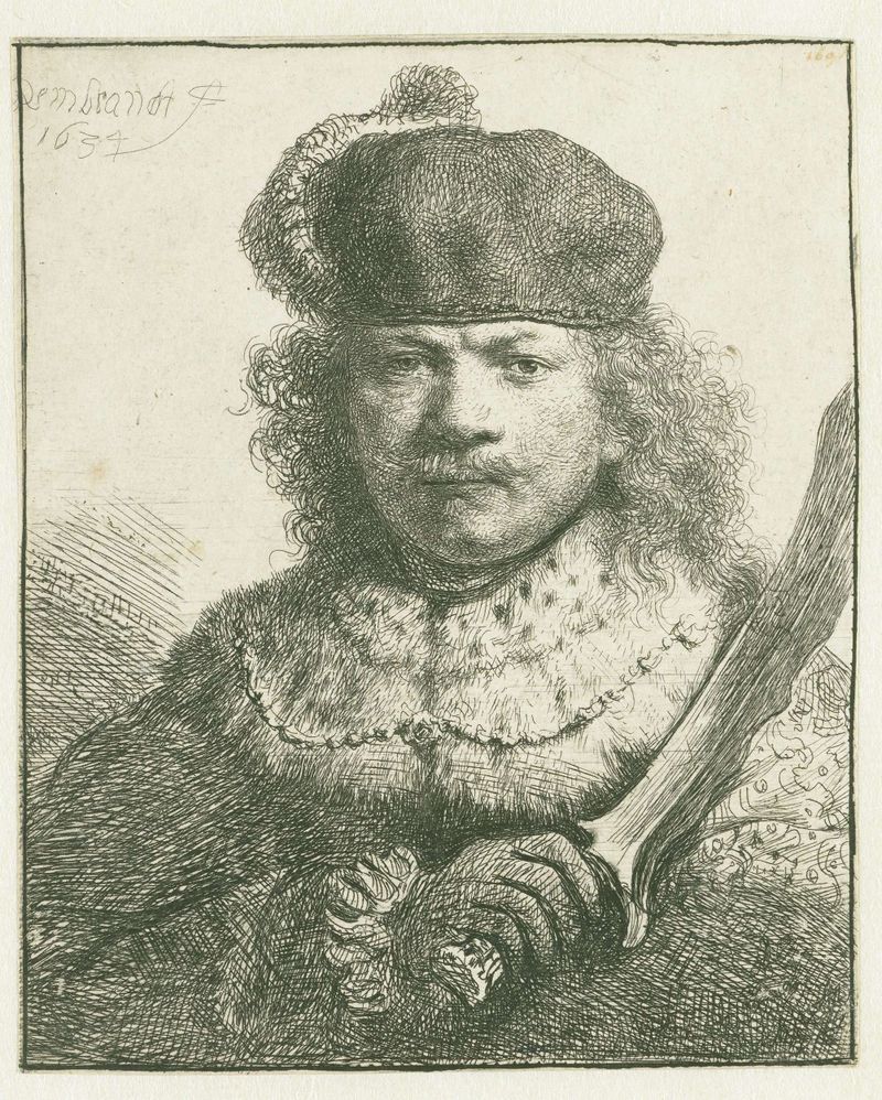 Autorretrato com sabre levantado, gravura de Rembrandt van Rijn