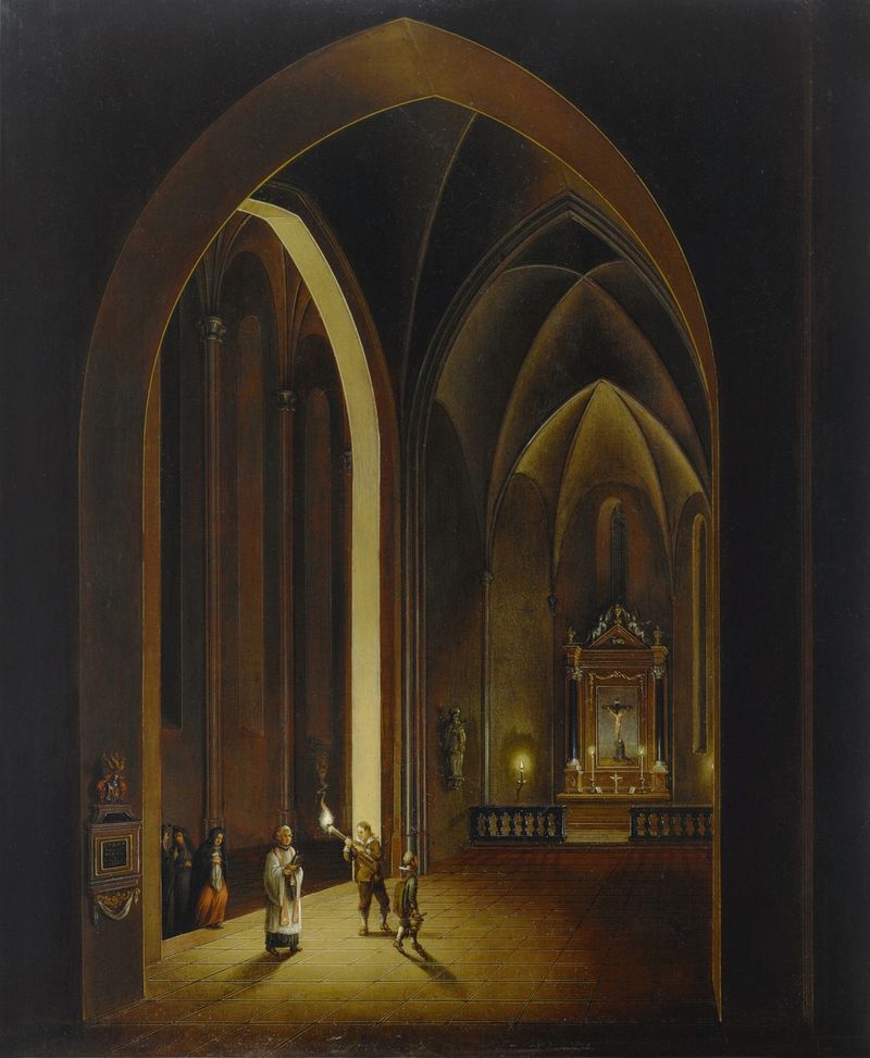 Candlelit church interior by Johann Ludwig Ernst Morgenstern, oil painting depicting a figure in prayer.