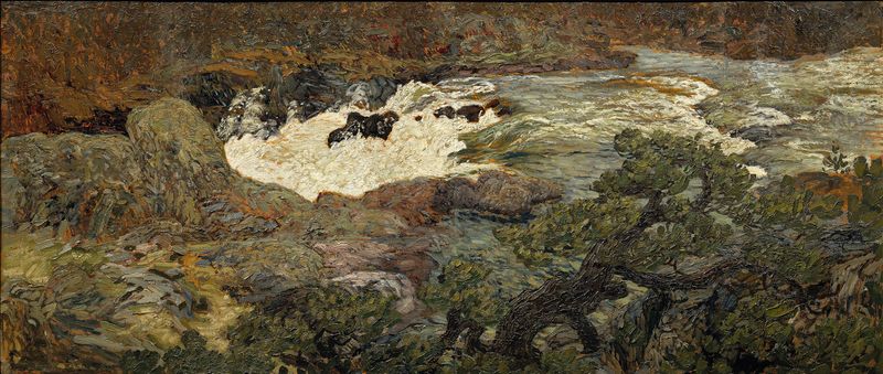 Waterfall, Porjus by Helmer Osslund, impressionist landscape with vibrant blue and white water.