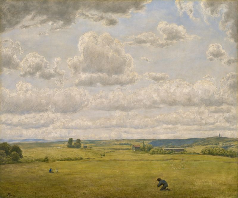 Landscape on the Baar by Hans Thoma, oil on canvas depicting green fields and soft light.