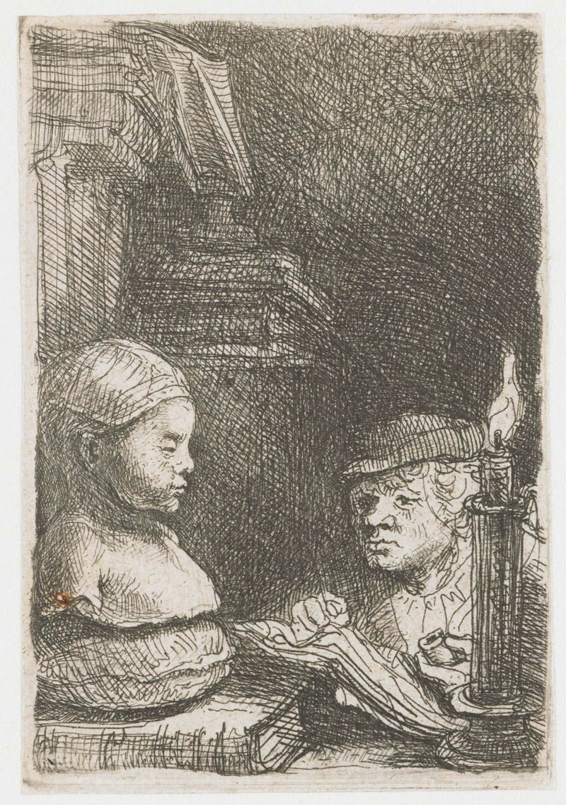 Etching by Rembrandt van Rijn of a figure drawing from a cast, illuminated by soft light
