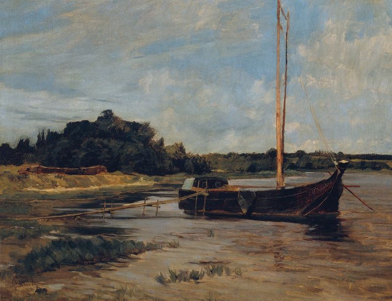 Segelschiff auf der Havel by Carl Schuch, oil painting depicting a sailboat on the river.