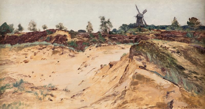 Paisaje que representa dunas con luz y sombra, óleo de Heinrich Hermanns