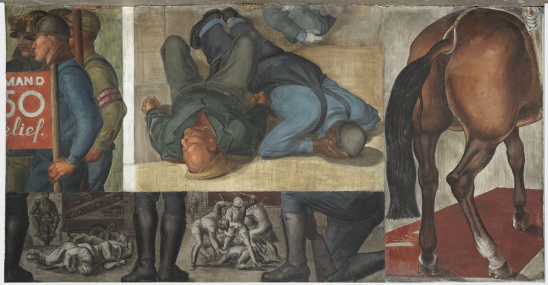 The Hunger March fresco by Lewis W. Rubenstein depicting weary marchers in a historical scene.
