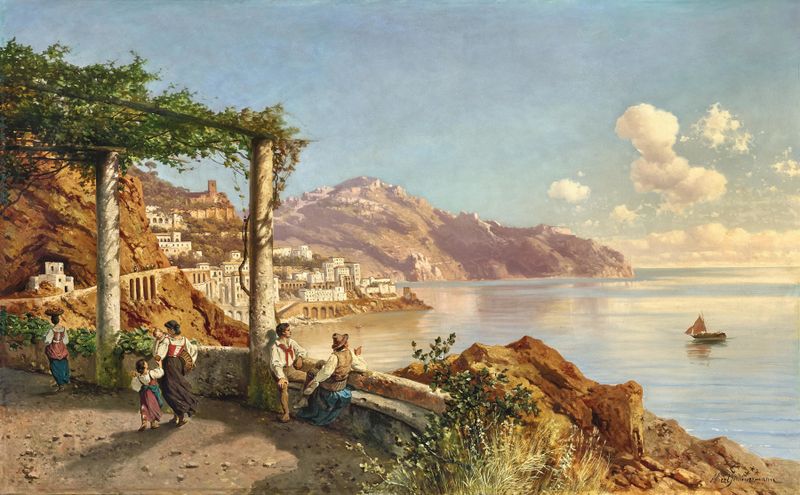On the Coast of Sorrento, pintura al óleo de Albert August Zimmermann que representa olas y un cielo vibrante.