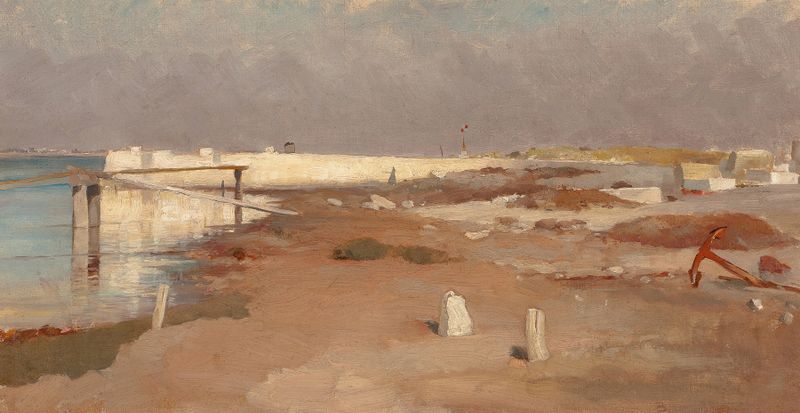 Pintura a óleo de paisagem da Escola Francesa retratando uma costa e ondas.