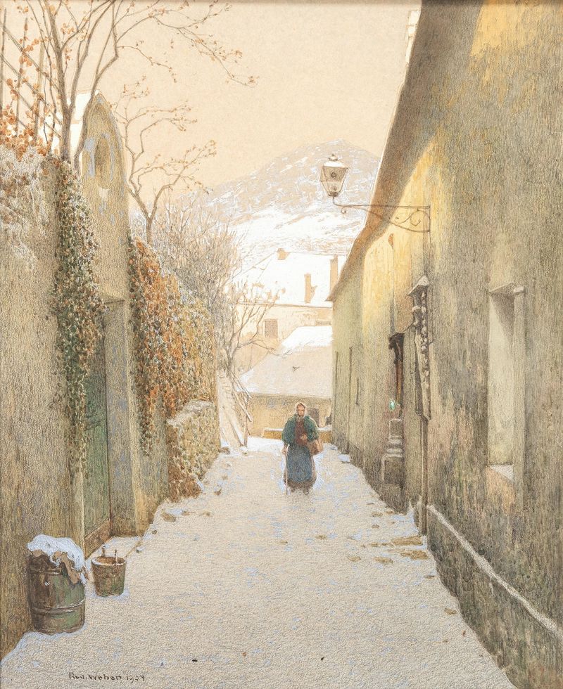 Winter landscape with snow-covered alley and cobblestones by Rudolf Weber, medium unknown