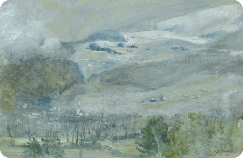 Swiss Valley Landscape by John William Inchbold, oil painting of a serene valley with mountains and a river.
