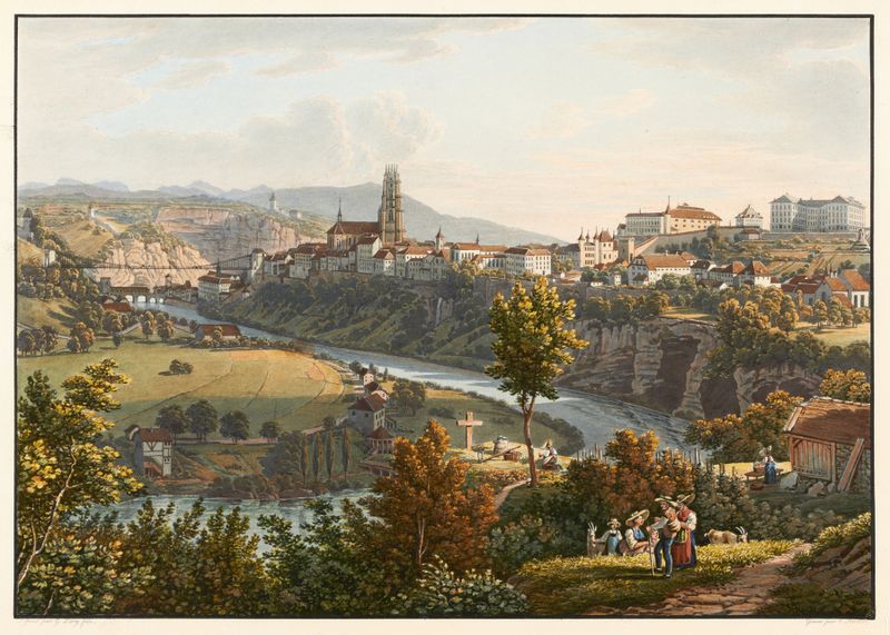 Landscape depicting Fribourg cityscape by Gabriel Lory the Younger, unknown medium.