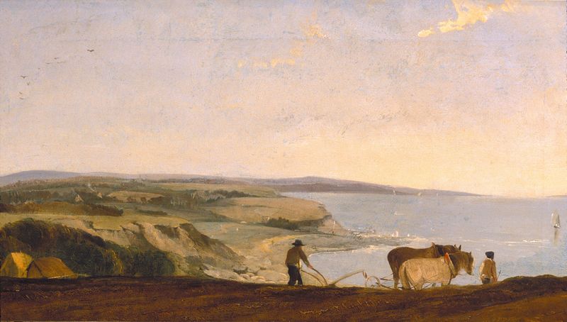 View Near Weymouth by John Crome, oil on canvas showing trees and a sunset.