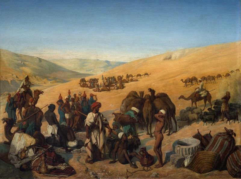 Paisaje desértico con caravanas y pozos, pintura al óleo de Charles de Coubertin