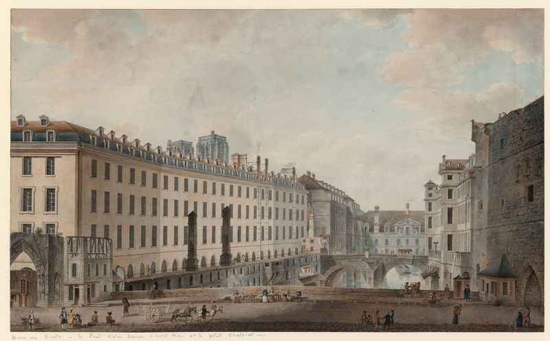 Watercolour by Victor-Jean Nicolle depicting a bridge over the Seine.