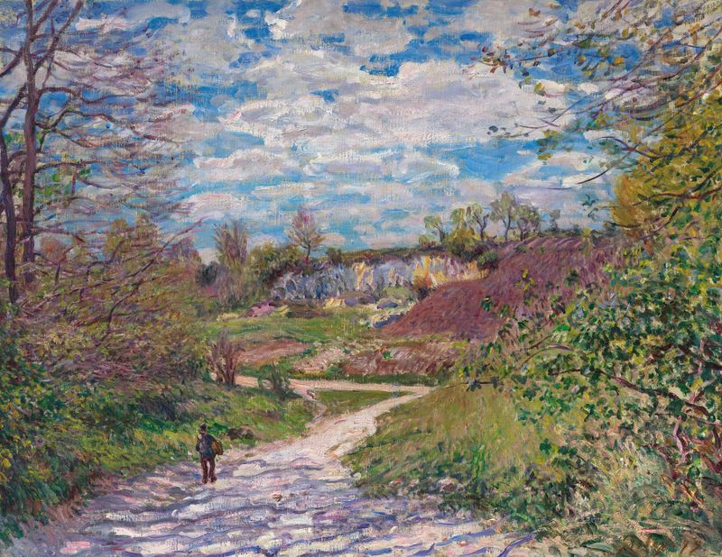 Soleil d’hiver à Veneux-Nadon de Alfred Sisley, óleo de un paisaje invernal con luz suave y nieve.