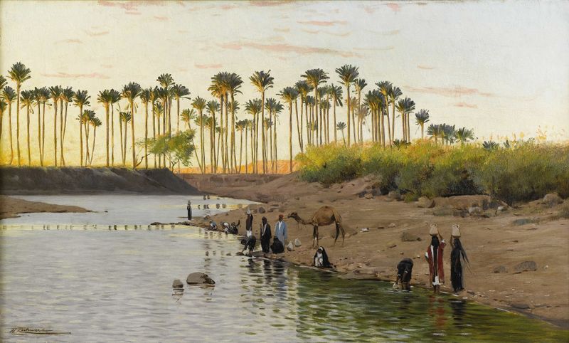 Egyptian landscape oil painting by Wilhelm Kuhnert featuring mountains and sunset