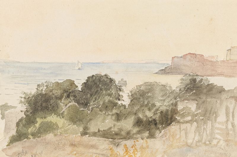Paisagem de Marie Egner, pintura a óleo que retrata um céu luminoso e tons terrosos.