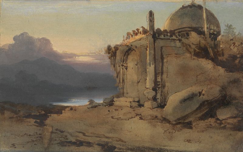 Ruinas de un templo al atardecer, óleo sobre lienzo de George Chinnery