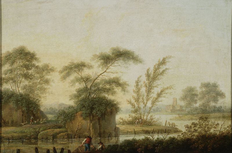 Landscape by Jan Ścisło, depicting fishermen at the river, Rococo style