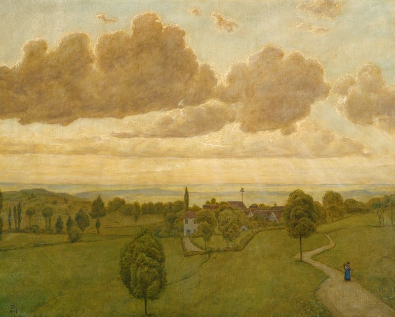 Paisaje de Hans Thoma, óleo sobre lienzo que representa campos y árboles.
