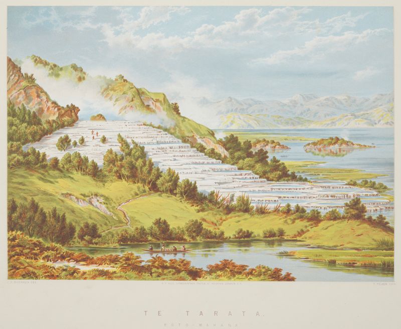 Te Tarata Roto-mahana by Charles Decimus Barraud, oil on canvas depicting serene lake and mountains.