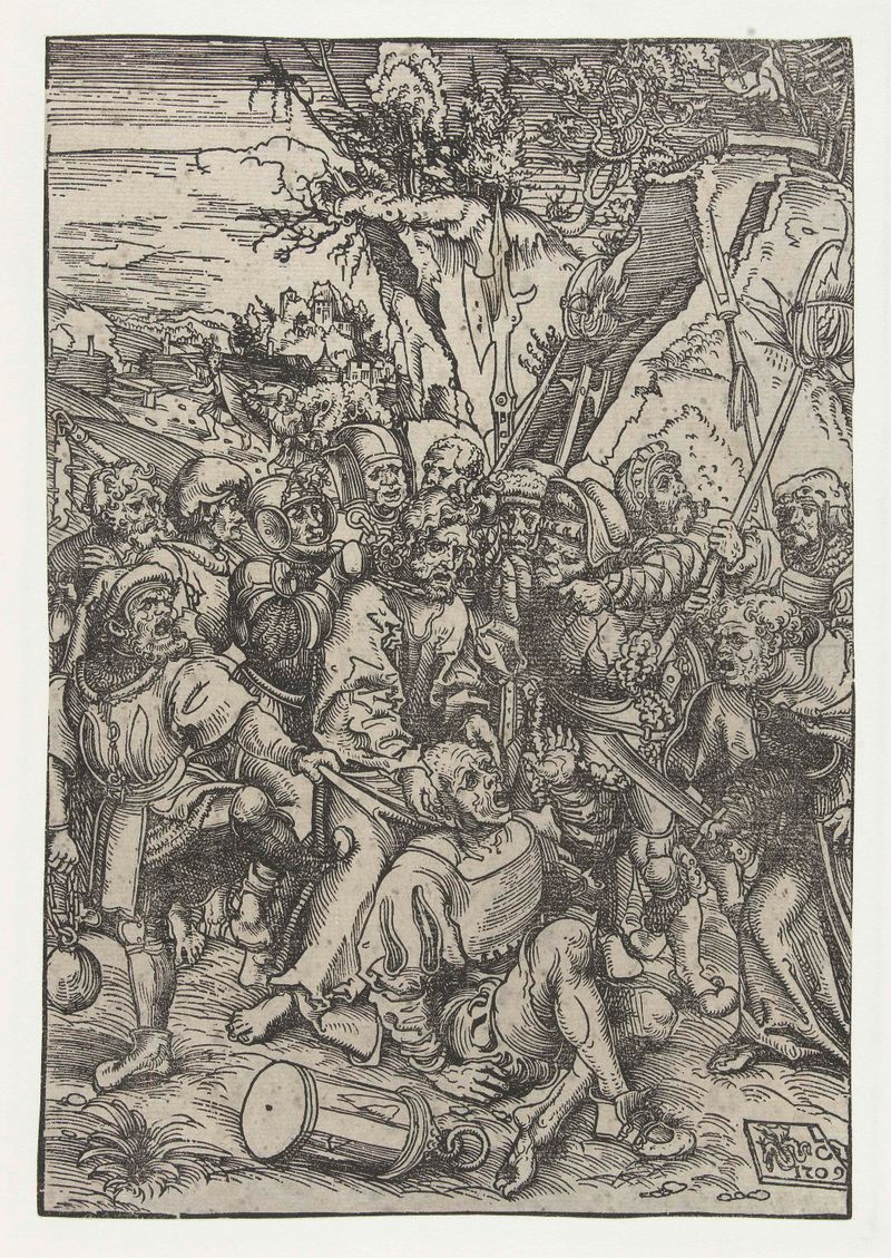 Gevangenneming van Christus de Lucas Cranach, meio papel, retratando a traição de Cristo e o tumulto emocional.