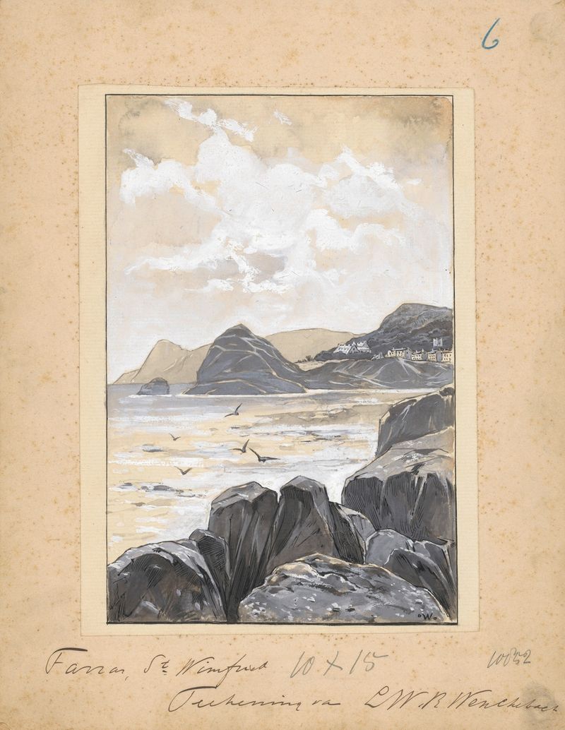 Rotsachtige baai de Willem Wenckebach, pintura a óleo que retrata uma costa acidentada com ondas e luz do sol.