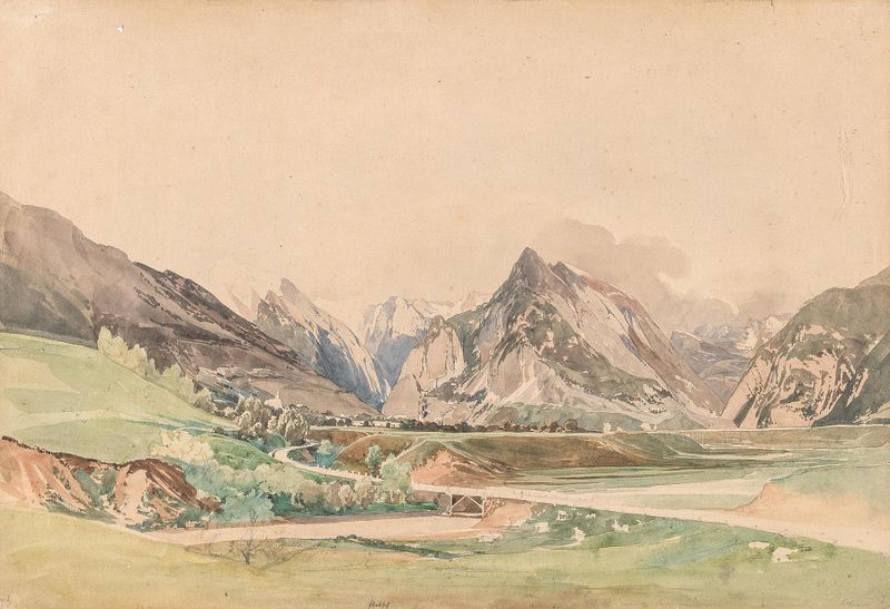 Landscape oil painting by Thomas Ender featuring mountains and a serene valley.