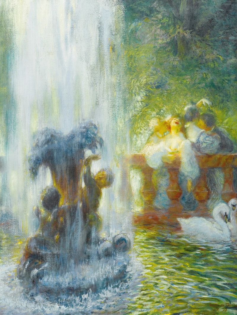 Impressionist oil painting by Gaston La Touche depicting figures celebrating with vibrant colors.