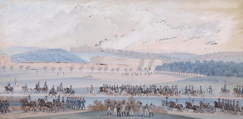 Parade Schönbrunn by Balthasar Wigand, oil on canvas depicting a lively park scene.