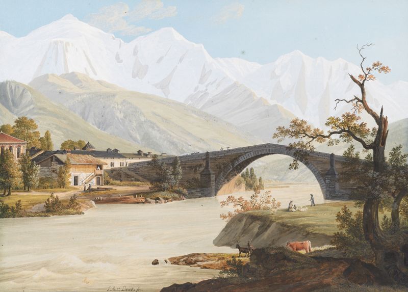 Vue du Village & du Pont de St. Martin, a landscape by Jean-Antoine Linck, medium unknown
