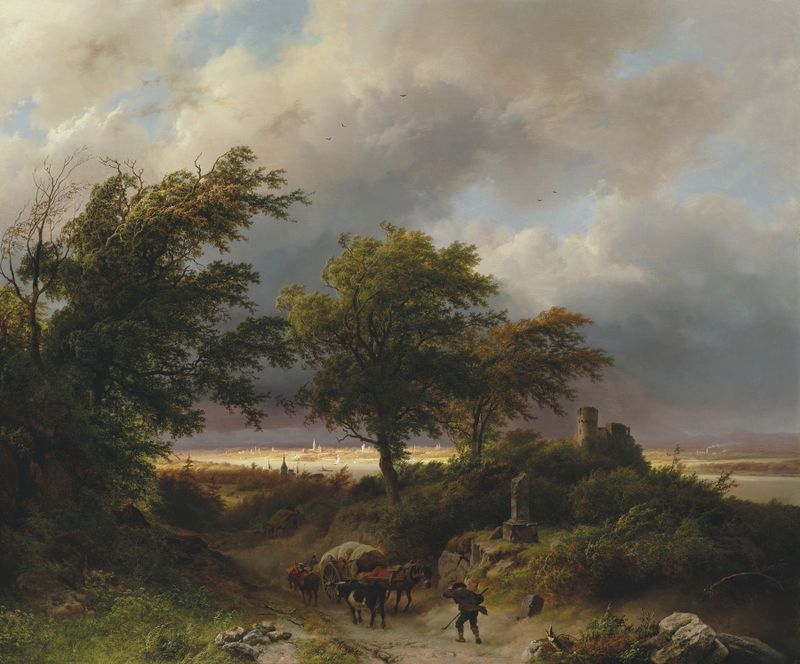 A wooded landscape by Barend Cornelis Koekkoek, oil painting depicting trees and a stream.