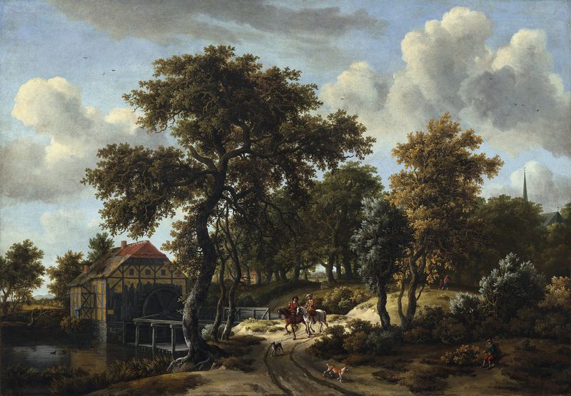 Los viajeros de Meindert Hobbema, óleo sobre lienzo que muestra figuras en un camino bajo un follaje vibrante.