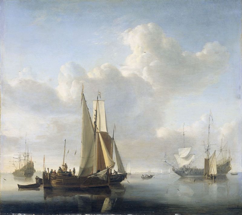 Ships before the Coast, pintura a óleo de Willem van de Velde, com embarcações em uma paisagem marinha.