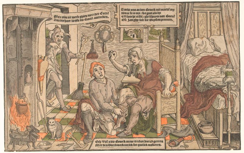 Obra de Mannerismo de un artista desconocido que muestra a una mujer poniéndose pantalones
