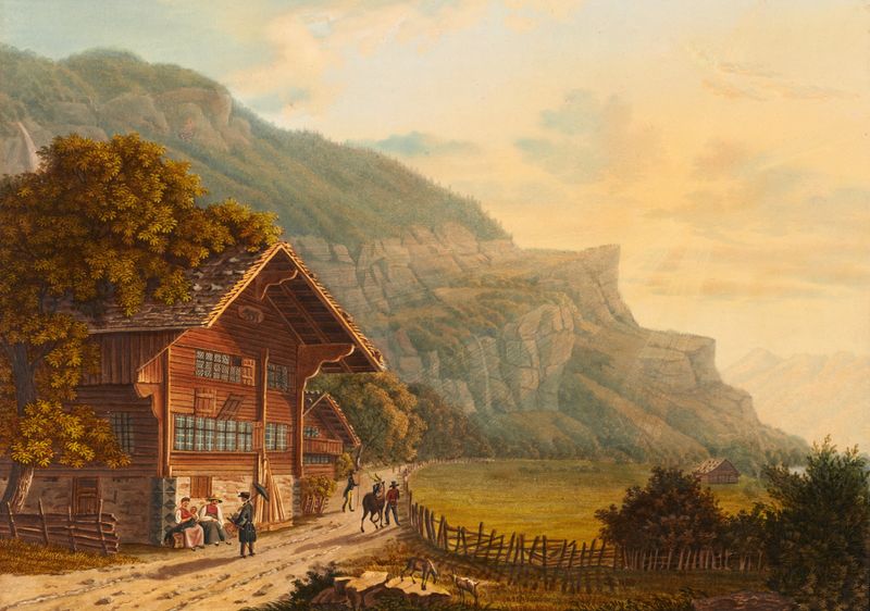 Pintura a óleo de paisagem de Heinrich Meichelt com montanhas e um rio.