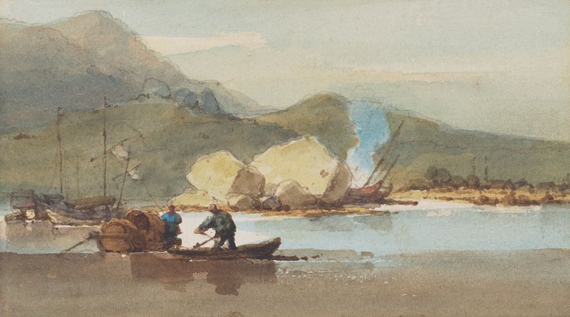 Marine scene with junks and Tanka boats by George Chinnery, oil painting
