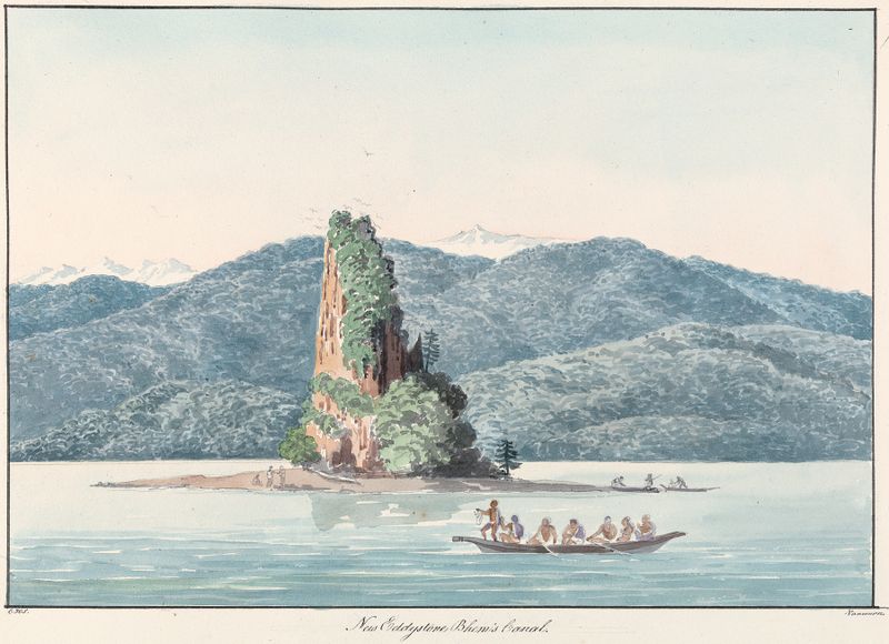 New Eddystone, Bhem’s Canal de Charles Hamilton Smith, óleo sobre tela retratando penhascos e água.