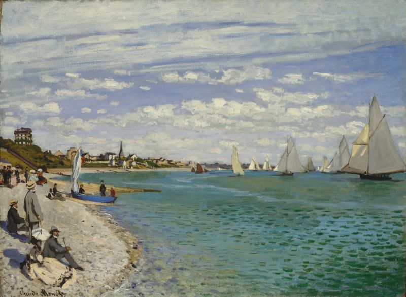 Pintura a óleo de Claude Monet retratando uma regata em Sainte-Adresse com barcos sobre água cintilante.