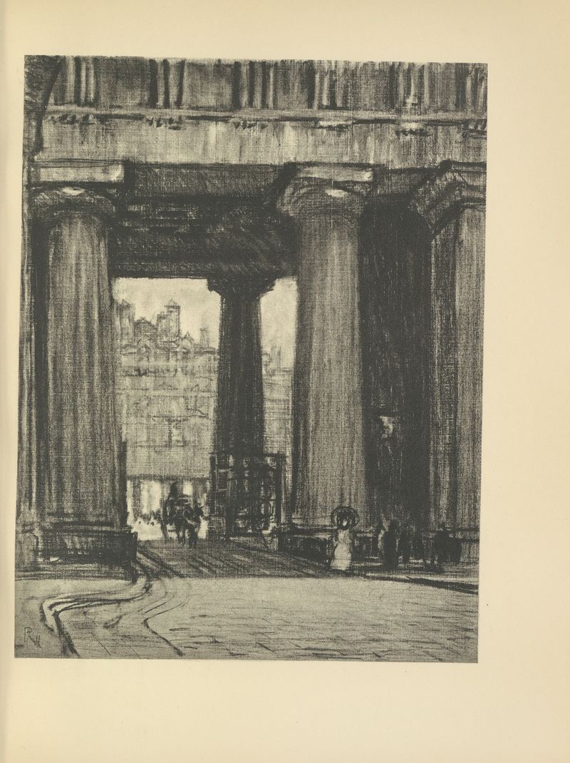 Euston Station de Joseph Pennell, tinta sobre papel que muestra una multitud bajo arcos arquitectónicos.