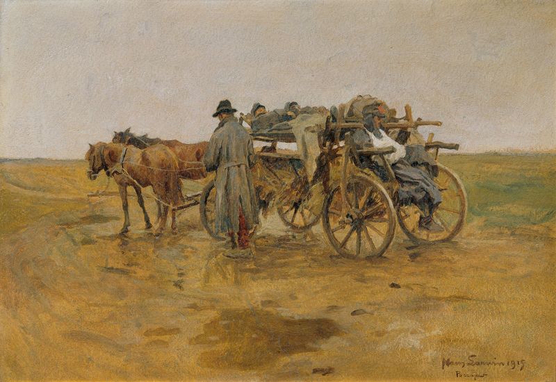 Cena histórica retratando soldados cansados em um momento de sofrimento, pintura a óleo de Hans Larwin