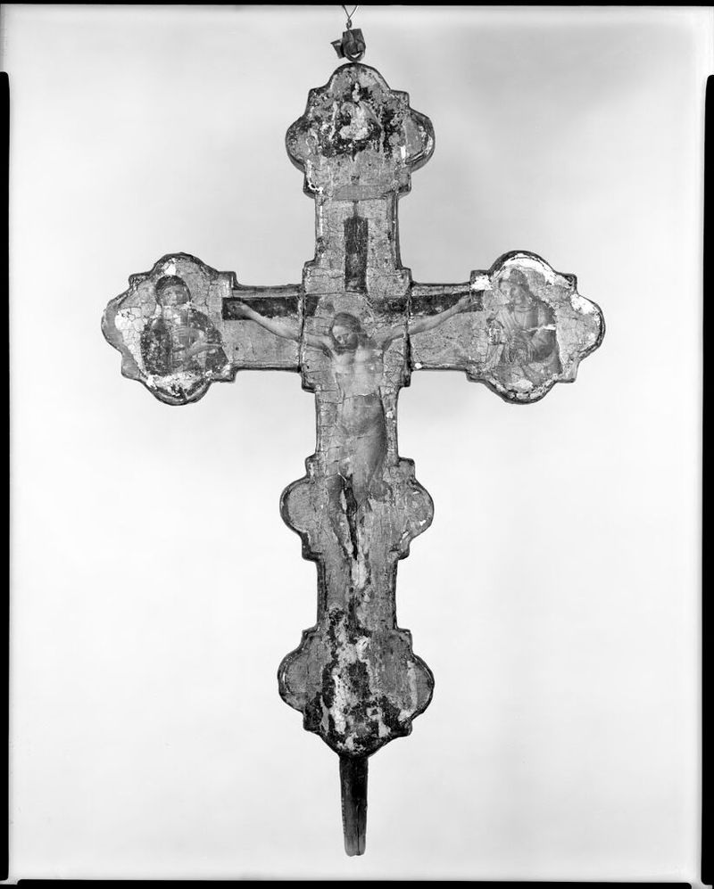 Cruz procesional con Cristo, Virgen y santos, madera, Domenico di Michelino