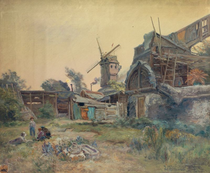 Moulins à Montmartre de Henri Arthur Bonnefoy, óleo sobre lienzo que muestra molinos contra un cielo sereno.