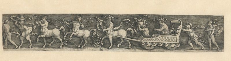 Gravura de Georg Pencz mostrando Baco com sátiros, um cálice e videiras.
