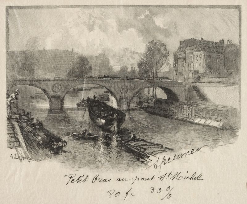 Pintura figurativa de Auguste Louis Lepère mostrando uma figura solitária em uma ponte ao crepúsculo.